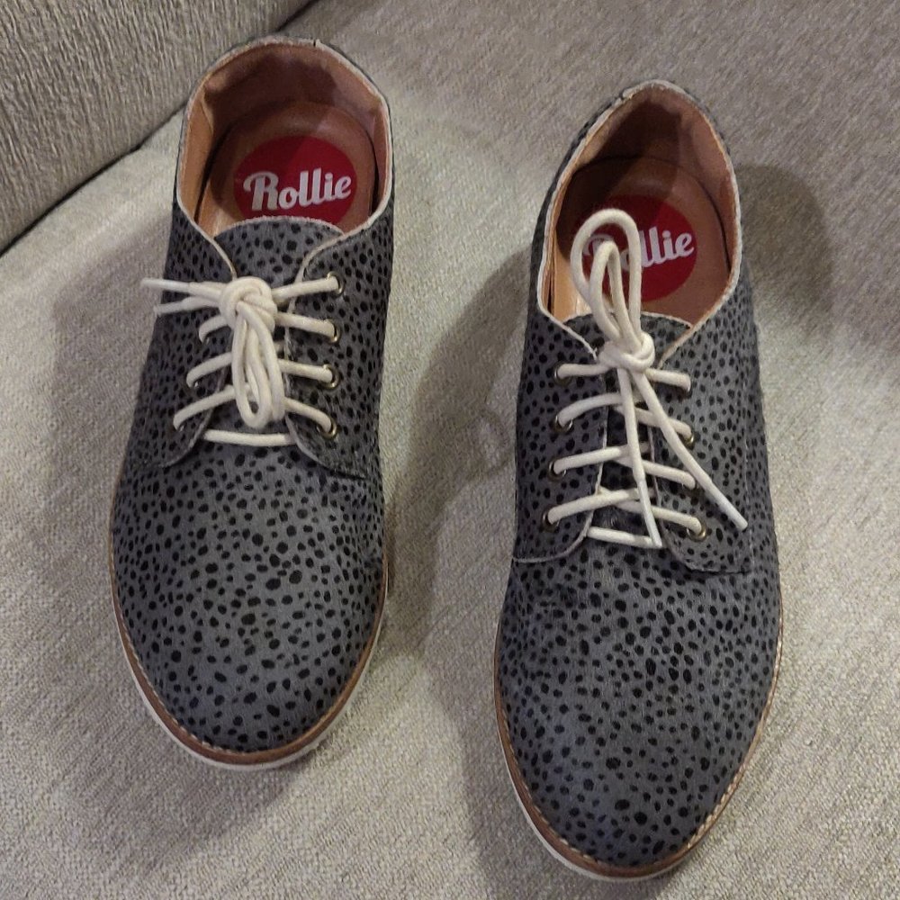 Rollie Derby Gray Leopard Pony Hair Oxford SIZE EU 37 US 6-6.5